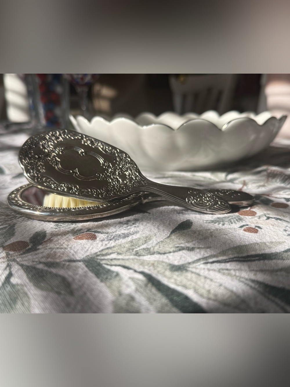 Vintage Ornate Sterling Silver Baby Vanity Set - Brush & Mirror